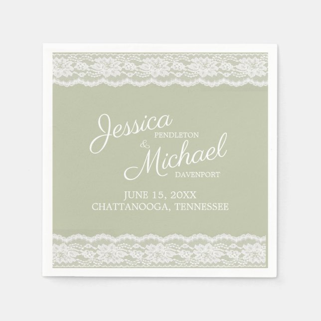 Sage Green White Lace Wedding Names Date Napkins (Front)
