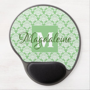Sage Green & White Lacy Damask Monogrammed Gel Mouse Pad