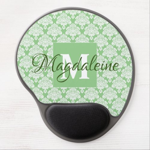 Sage Green  White Lacy Damask Monogrammed Gel Mouse Pad