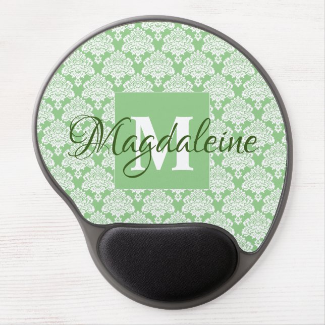 Sage Green & White Lacy Damask Monogrammed Gel Mouse Pad (Front)