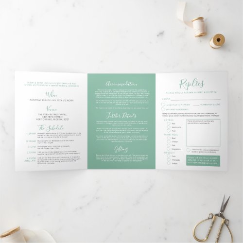 Sage green white little heart wedding all_in_one Tri_Fold invitation