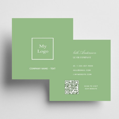 Sage green white logo QR code Square Business Card