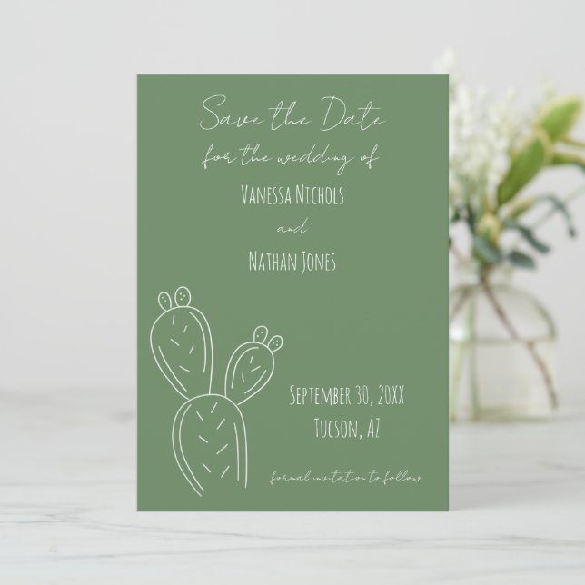 Sage Green White Minimalist Prickly Pear Cactus Save The Date (Standing Front)