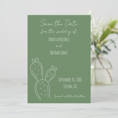Sage Green White Minimalist Prickly Pear Cactus Save The Date