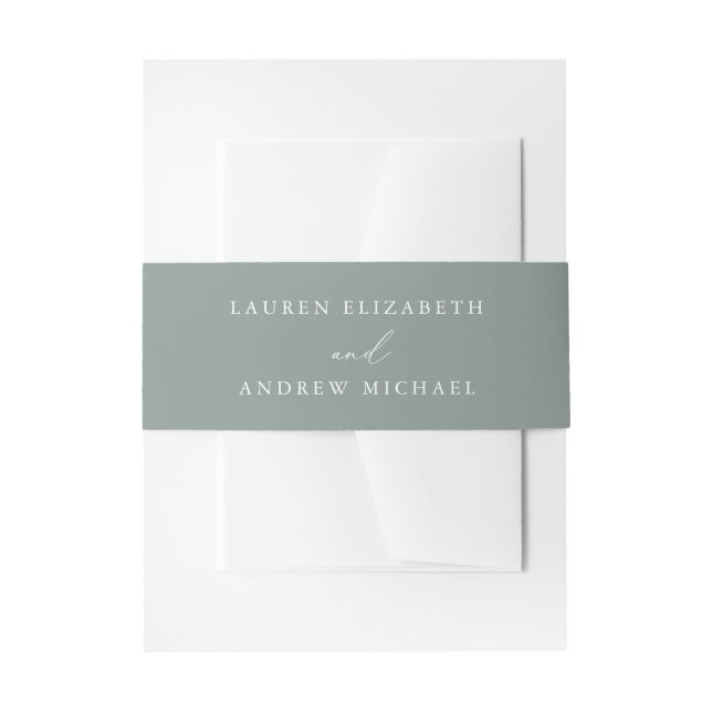 Sage Green & White Minimalist Wedding Invitation Belly Band (Front Example)