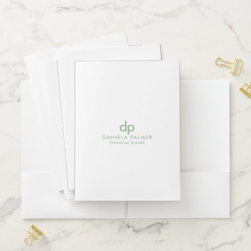 Sage green white minimalistic monogram pocket folder