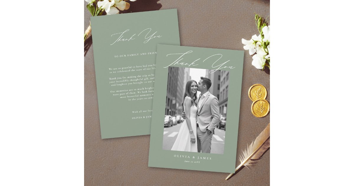 Sage Green White Modern Calligraphy Simple Wedding Thank You Card | Zazzle
