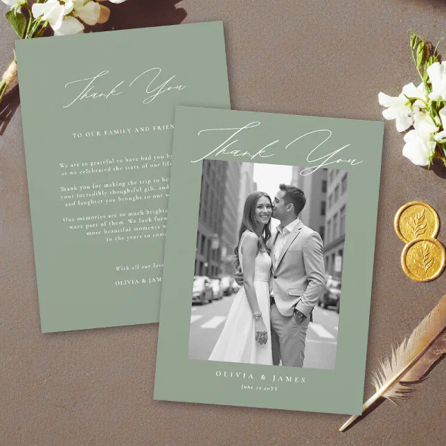 Sage Green White Modern Calligraphy Simple Wedding Thank You Card | Zazzle