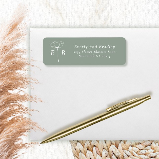 Sage Green White Monogram Floral Accent Address Label (Creator Uploaded)