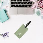 Sage green white monogram initials luggage tag<br><div class="desc">A trendy sage green colored background. Personalize and add your monogram letters and full name on the front. Your contact information on the back.</div>