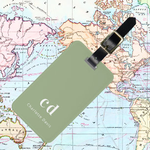 Sage green white monogram initials luggage tag