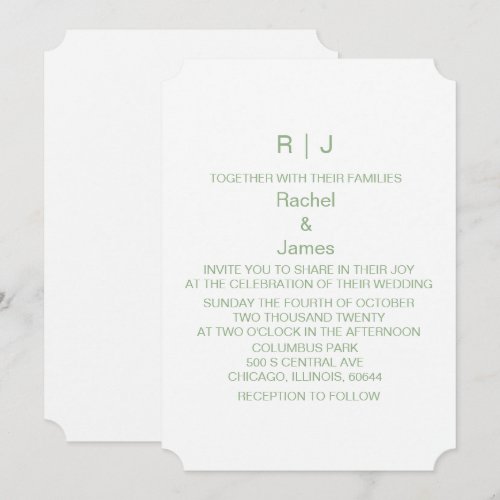 Sage Green White Monogram Initials Trendy Wedding Invitation