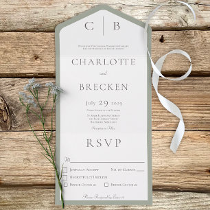 Sage Green & White Monogram Minimal Dinner All In One Invitation