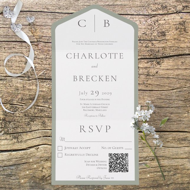 Sage Green & White Monogram Minimal QR Code All In One Invitation (Creator Uploaded)