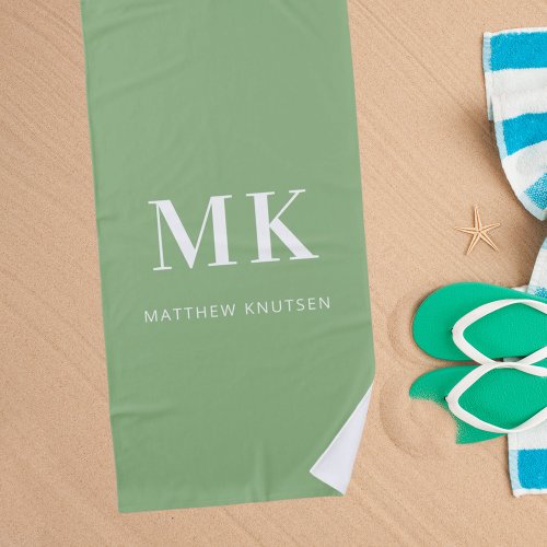 Sage green white monogram name initials  beach towel
