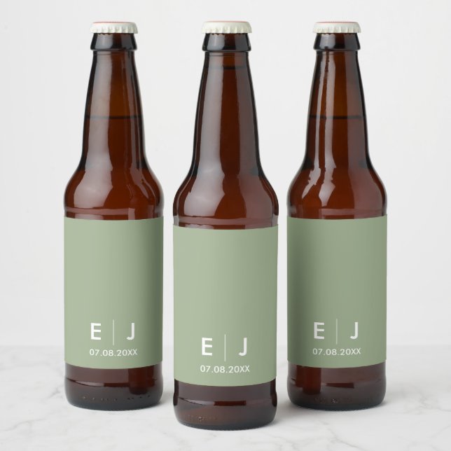 Sage Green & White Monogram Wedding Beer Bottle Label (Bottles)