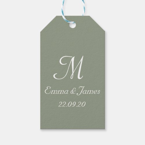 Sage Green  White Monogram Wedding Favor Gift Tag