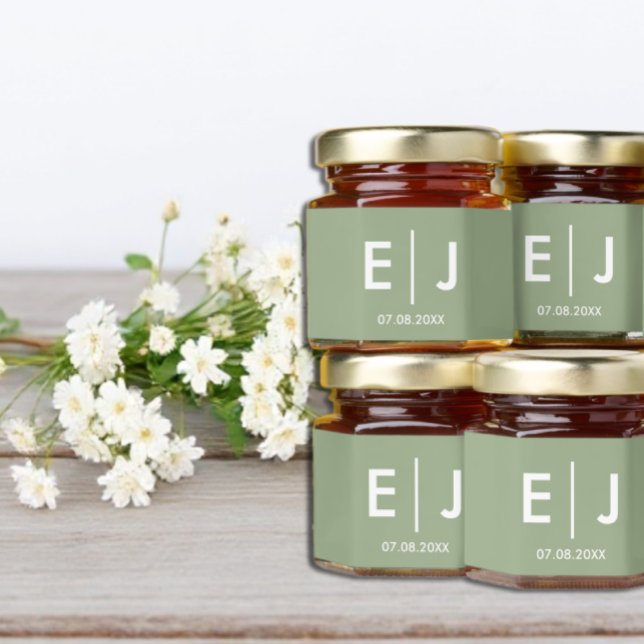 Sage Green & White Monogram Wedding Honey Jar Favors (Creator Uploaded)