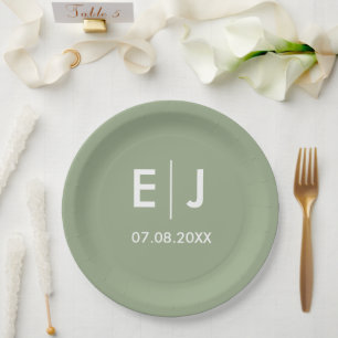Sage Green & White Monogram Wedding Paper Plates