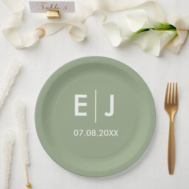 Sage Green & White Monogram Wedding Paper Plates (Wedding)