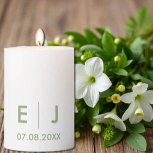 Sage Green & White Monogram Wedding Pillar Candle