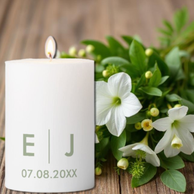 Sage Green & White Monogram Wedding Pillar Candle (Creator Uploaded)
