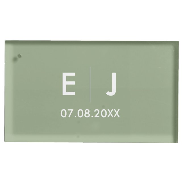 Sage Green & White Monogram Wedding Place Card Holder (Front)