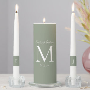 Sage Green White Monogram Wedding Unity Candle Set