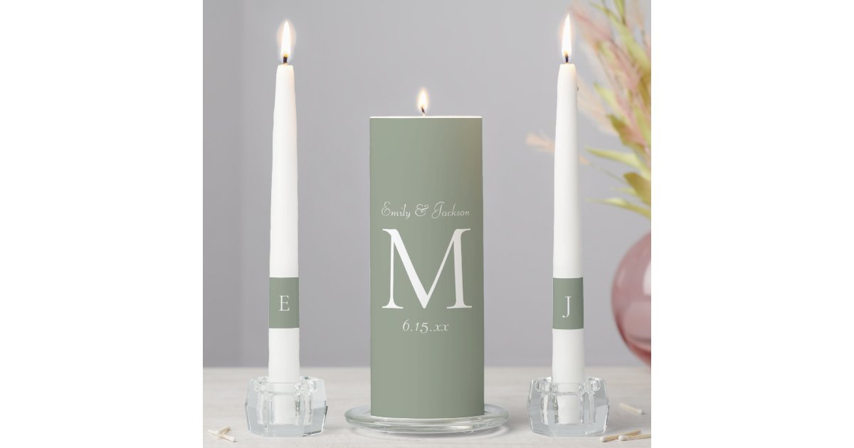 Sage Green White Monogram Wedding Unity Candle Set | Zazzle