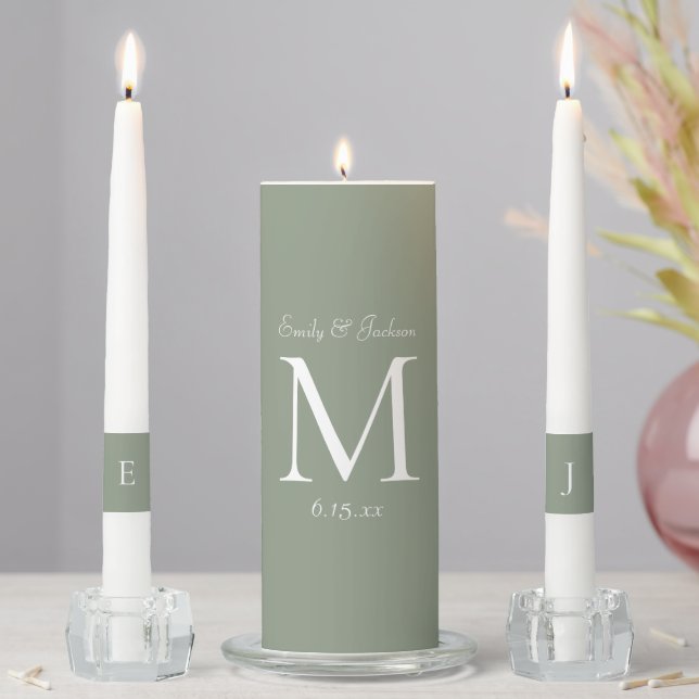 Sage Green White Monogram Wedding Unity Candle Set (In Situ)
