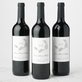 Sage Green White Monogram Wreath Classic Wedding Wine Label