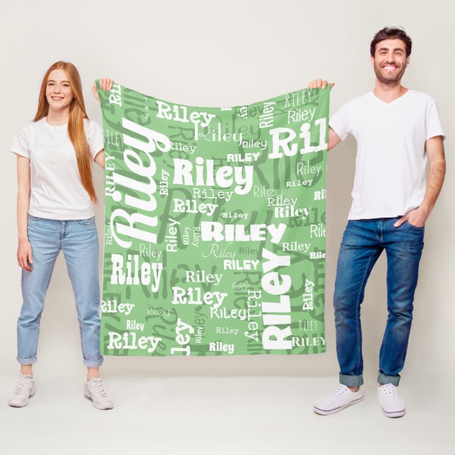 Sage Green White Name Pattern Personalized Fleece Blanket (In Situ)
