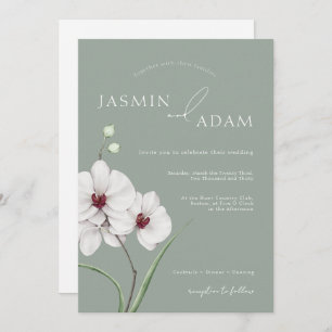Sage Green White Orchids Initials Floral Wedding Invitation