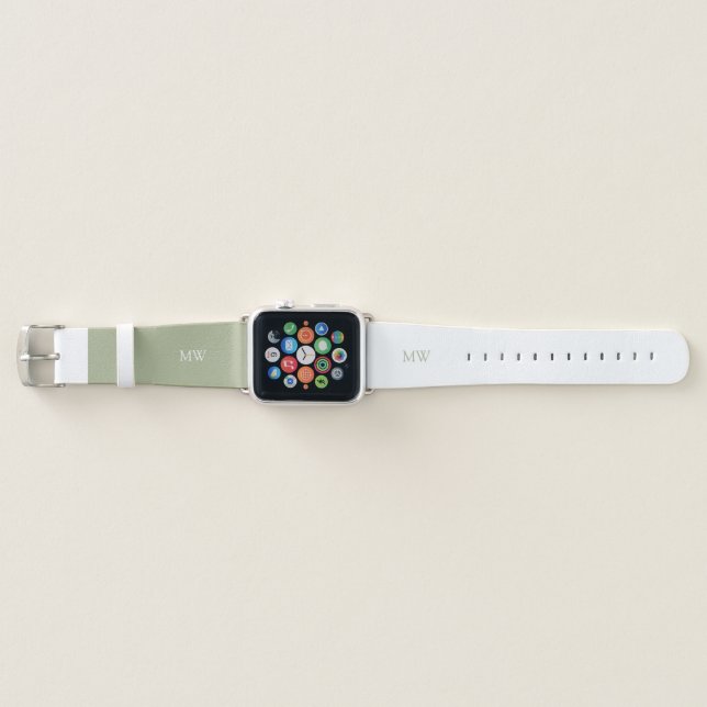 Sage Green White Patchwork Monogram Initials Apple Watch Band (Front)