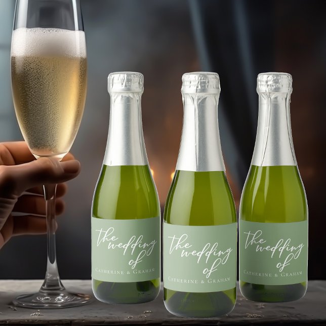 Sage Green White Personalized Wedding Mini Sparkling Wine Label (Creator Uploaded)