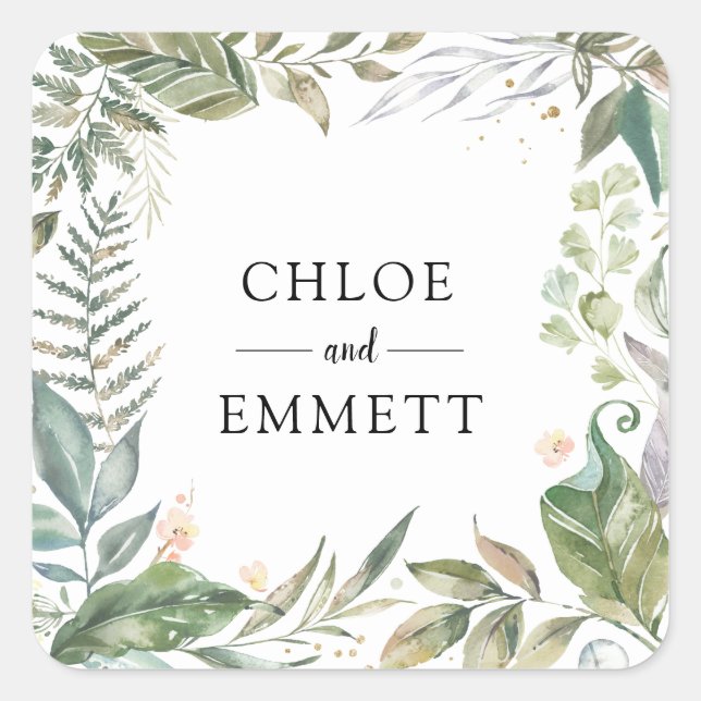 Sage Green White Pink Botanical Wedding Square Sticker (Front)