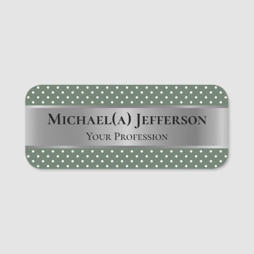 Sage Green White Polka Dots And Luxury Silver Gold Name Tag