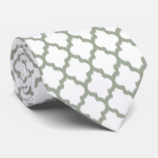 Sage-green & White Quatrefoil Modern Pattern Tie (Rolled)