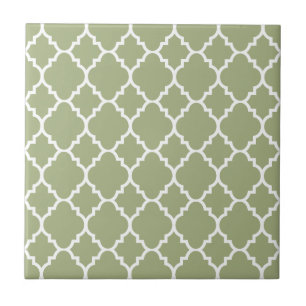Sage Green White Quatrefoil Moroccan Pattern Ceramic Tile