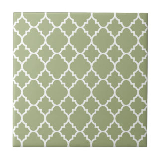 Sage Green White Quatrefoil Moroccan Pattern Ceramic Tile