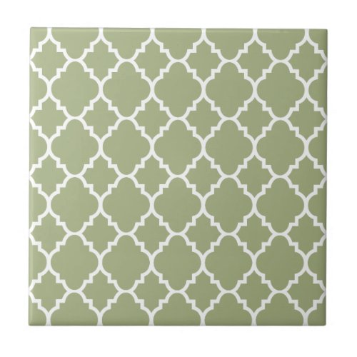 Sage Green White Quatrefoil Moroccan Pattern Ceramic Tile