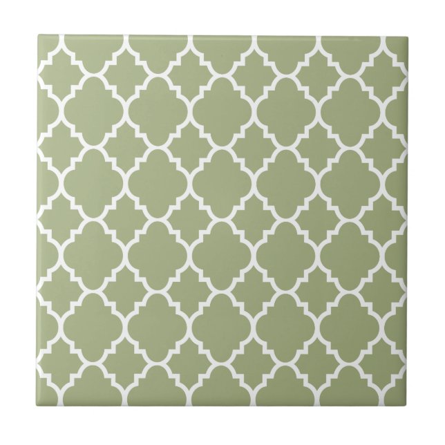 Sage Green White Quatrefoil Moroccan Pattern Ceramic Tile (Front)