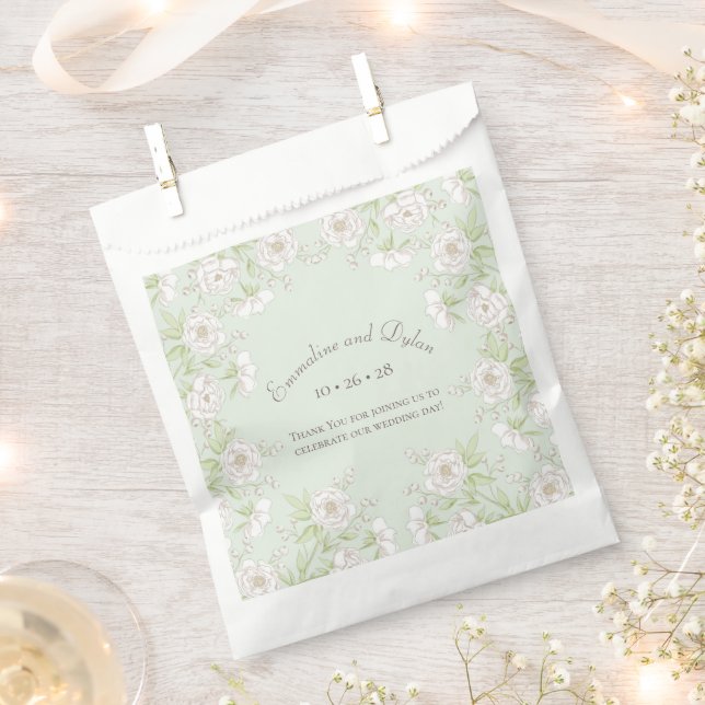 Sage Green White Rose Wedding Favor Bag (Clipped)