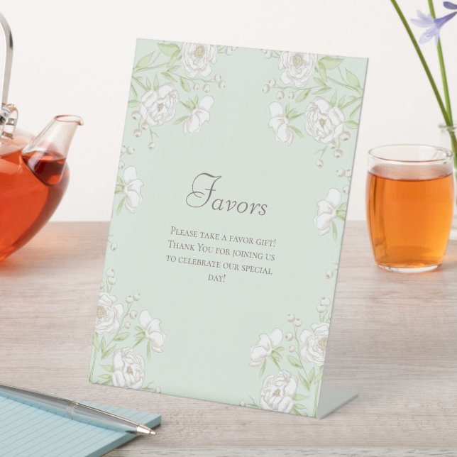 Sage Green White Rose Wedding Favors Sign (In SItu)