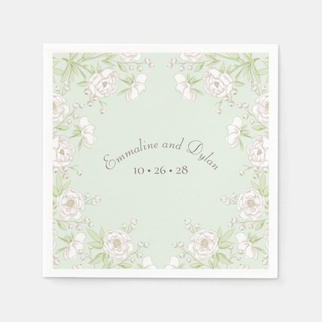 Sage Green White Rose Wedding Napkins (Front)