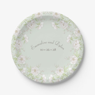 Sage Green White Rose Wedding Paper Plates