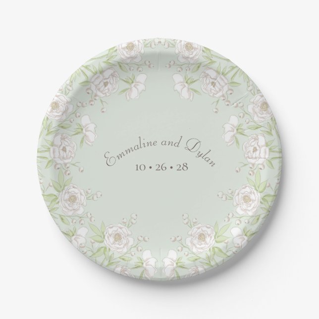 Sage Green White Rose Wedding Paper Plates (Front)