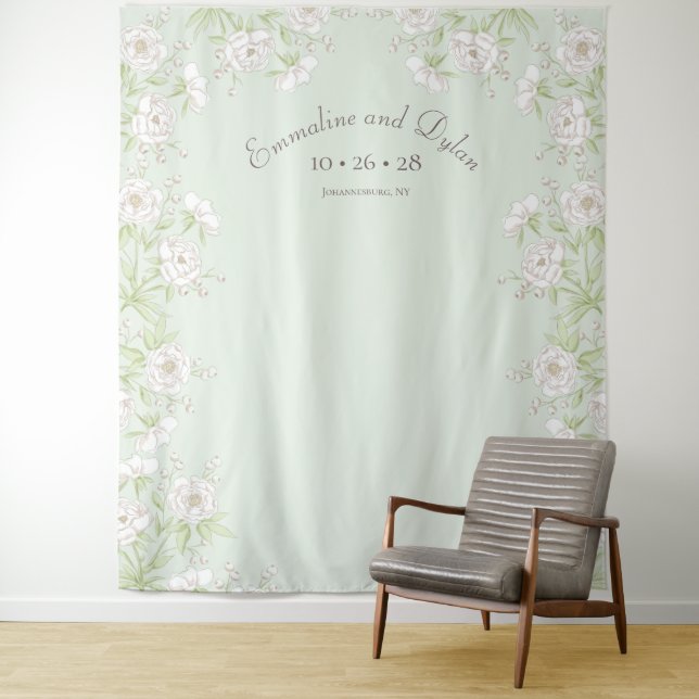 Sage Green White Rose Wedding Photo Backdrop (In Situ)