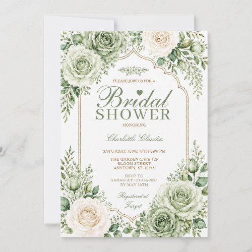 Sage Green White Roses Elegant Boho Bridal Shower  Invitation
