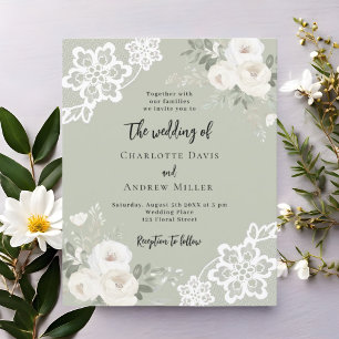 Sage green white roses greenery wedding invitation